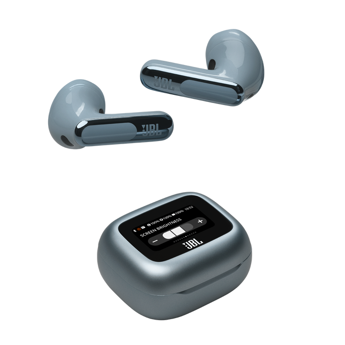 Dos auriculares JBL azul claro y un estuche de carga. El estuche muestra la configuración de brillo de la pantalla.