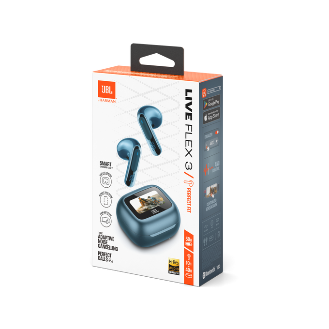 Auriculares en una caja. La caja es en su mayoría blanca con una imagen de los auriculares y su estuche.
