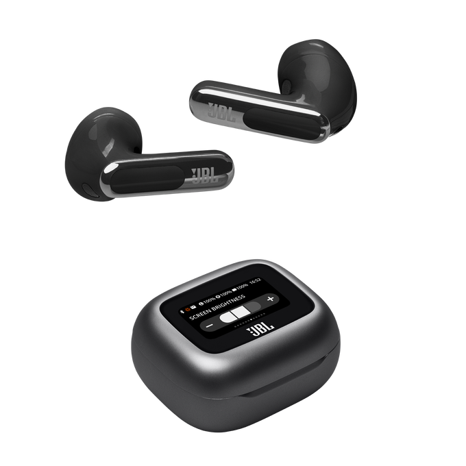 Auriculares JBL negros y estuche de carga sobre negro.