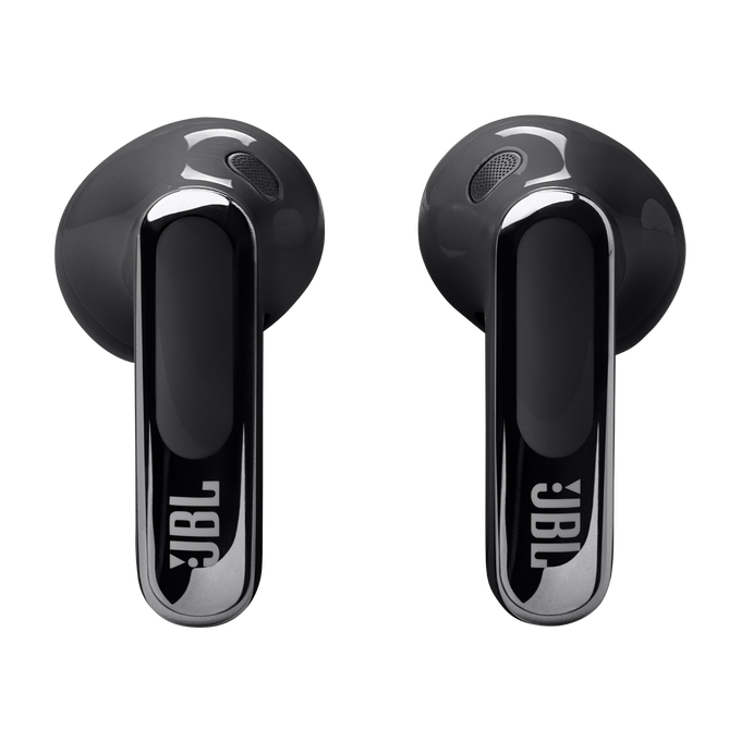 Par de auriculares JBL negros, primer plano, acabado brillante, sobre fondo negro.