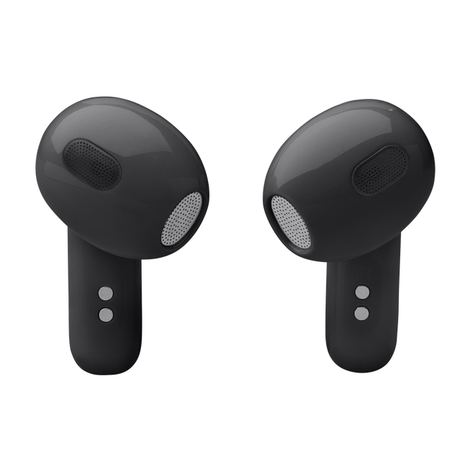 Dos auriculares inalámbricos grises sobre un fondo negro. Cada auricular tiene una malla y un botón.