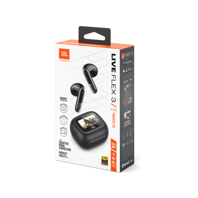 Auriculares JBL Live Flex 3 en una caja. La caja es blanca y naranja, con imágenes.