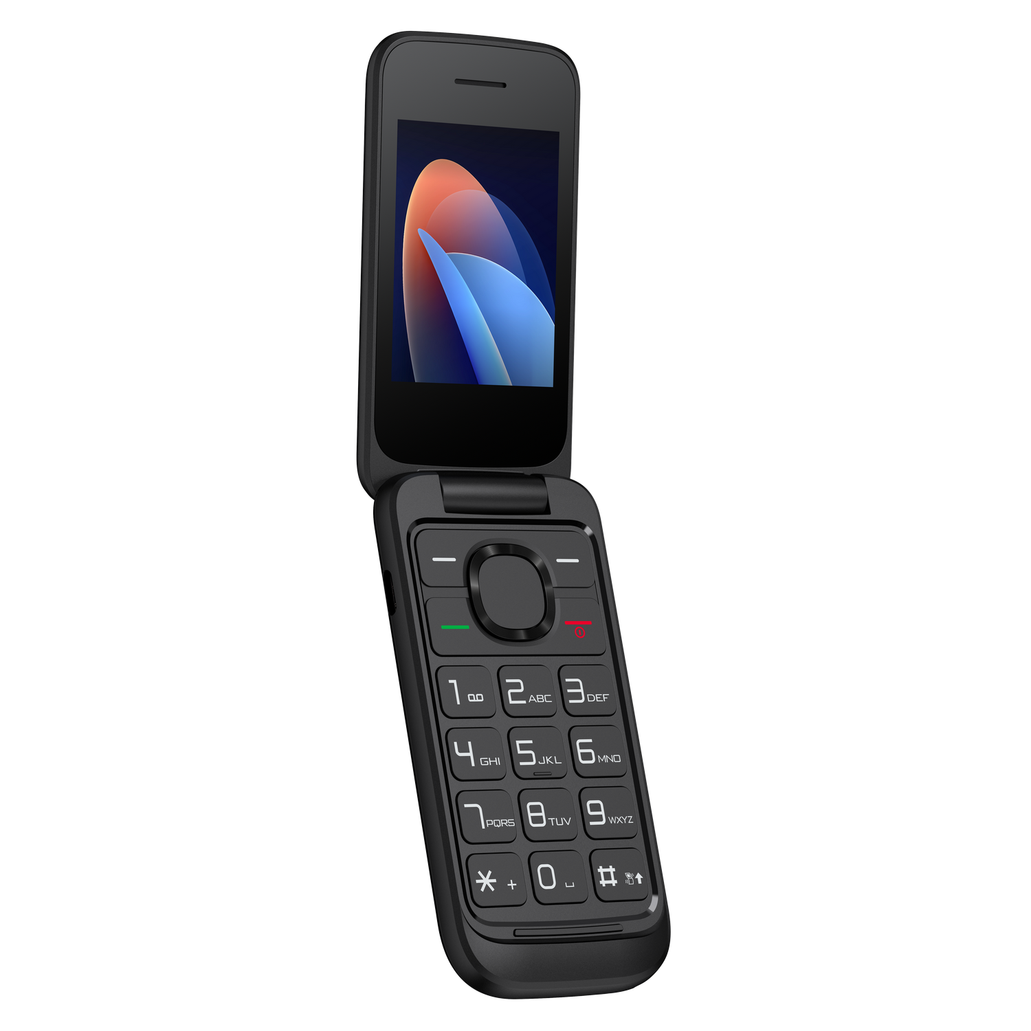 Un teléfono plegable negro, cerrado. Muestra el teclado numérico y la pantalla con una visualización.
