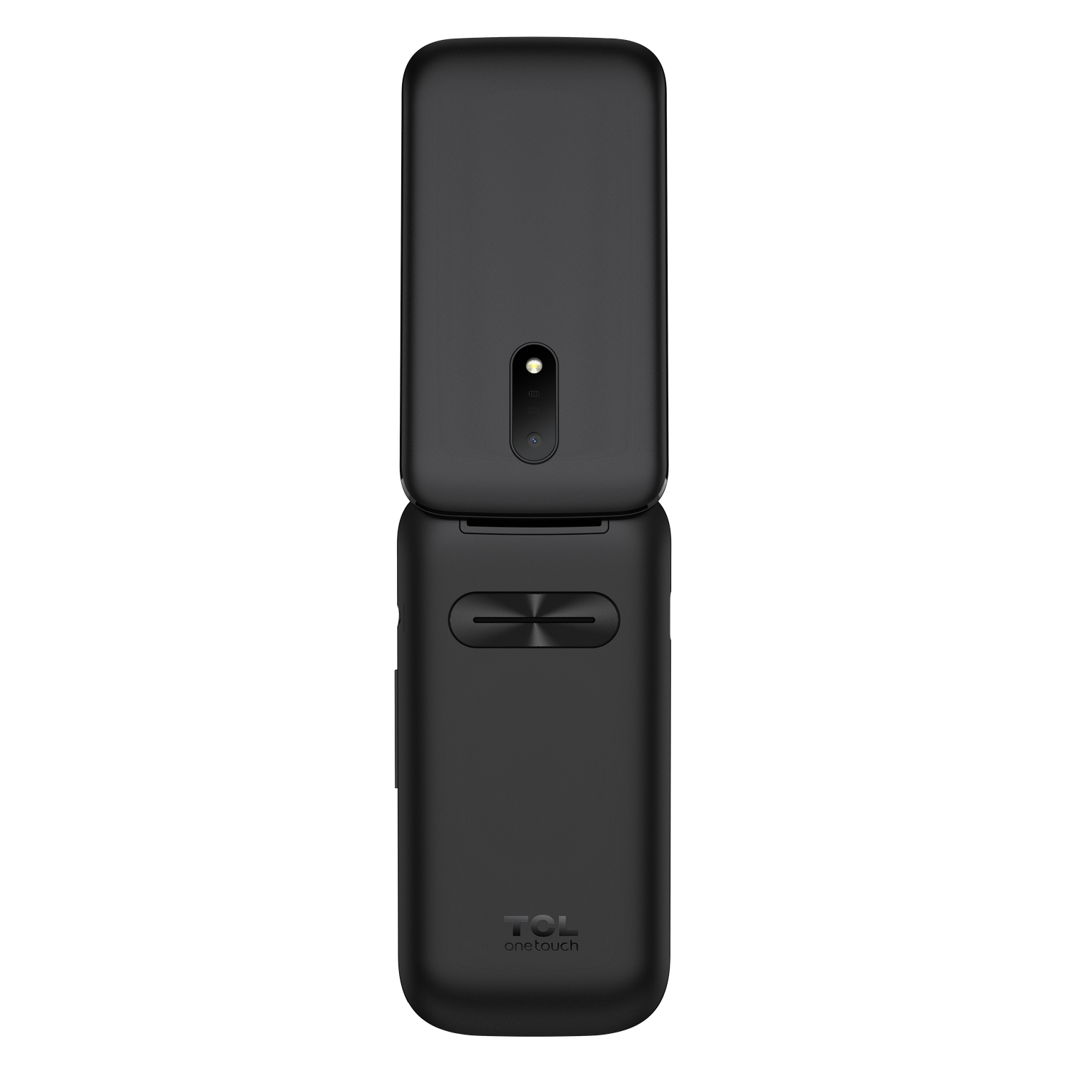 Un teléfono plegable negro en posición abierta sobre fondo negro.