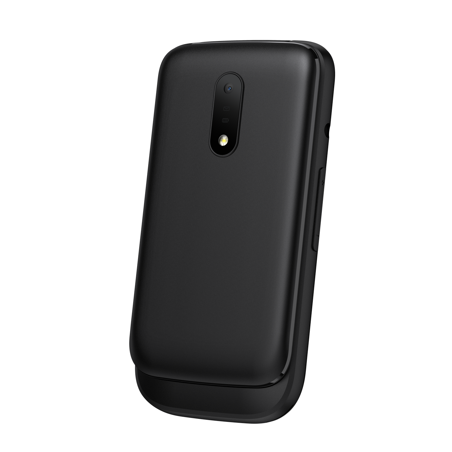 Teléfono plegable negro, cerrado. Cuenta con una cámara de doble lente y un diseño redondeado.