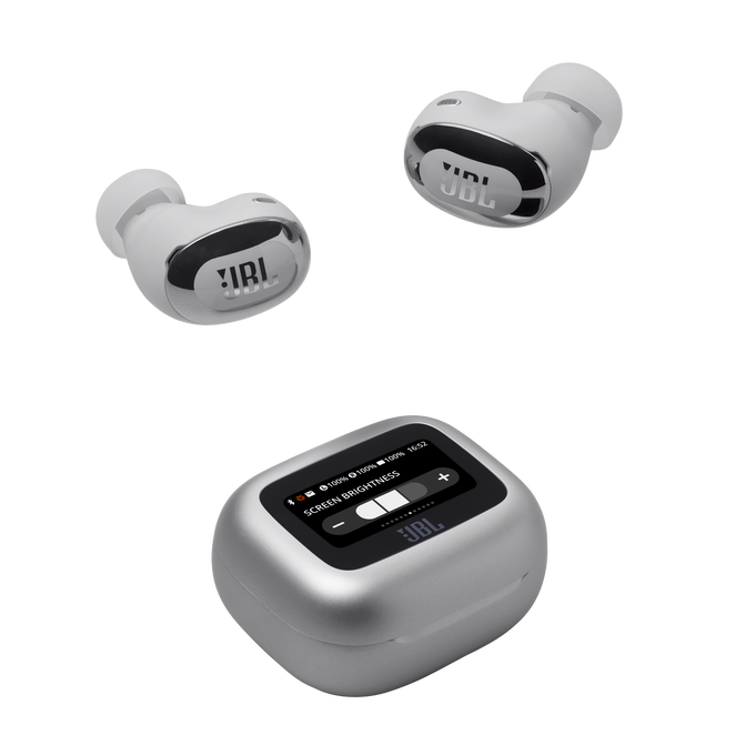 Auriculares blancos con estuche de carga. El estuche tiene una pantalla que muestra el brillo y la batería.