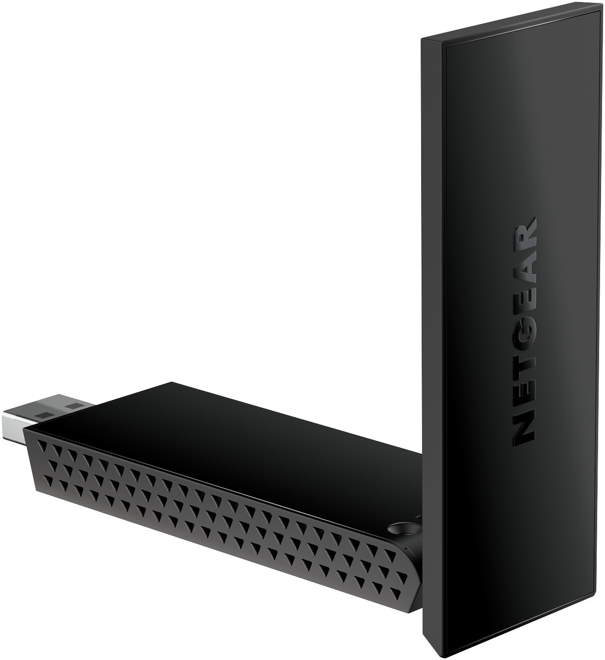 Schwarzer USB-WLAN-Adapter. Abgewinkeltes Design, schwarzer Text an der Seite. Weißer Hintergrund.