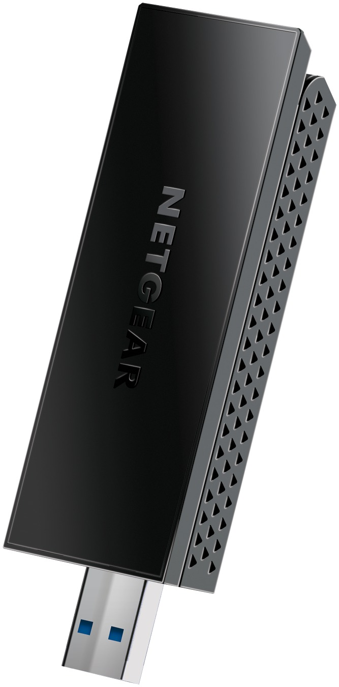 Ein schwarzer Netgear USB-WLAN-Adapter mit USB-Anschluss.