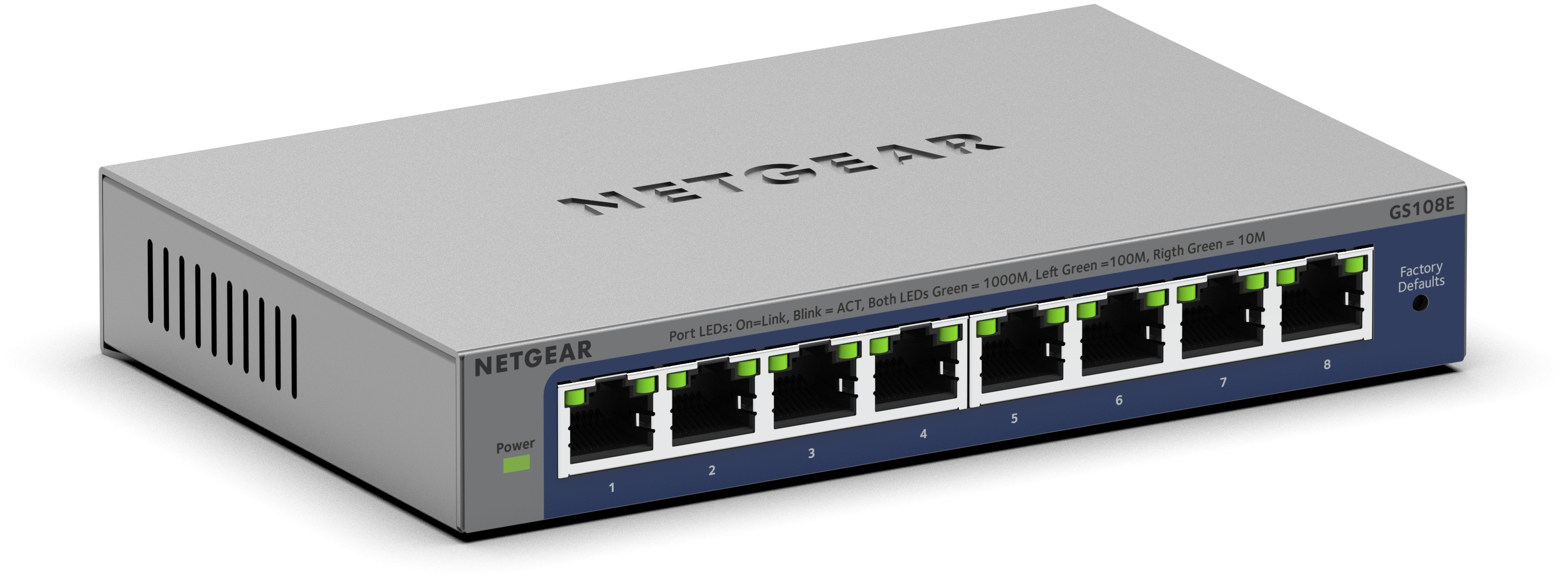 Silber-schwarzer Netgear 8-Port-Netzwerk-Switch mit grünen LEDs.