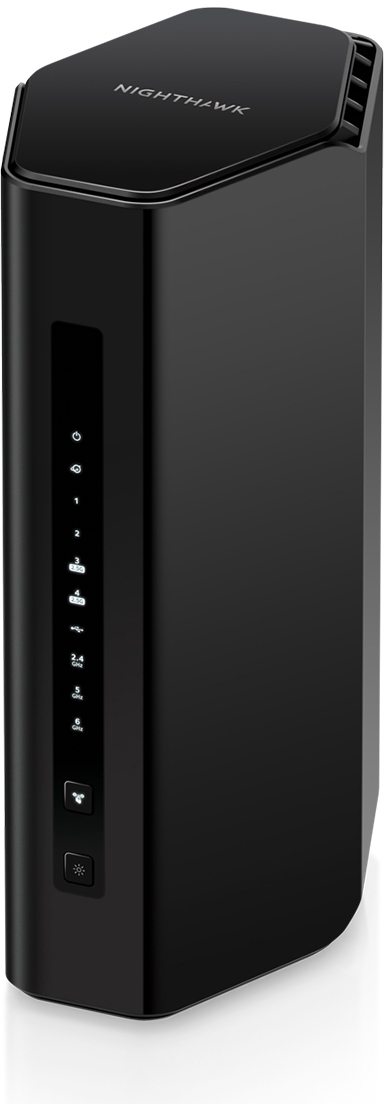 Schwarzer Nighthawk-Router. Es ist ein hohes, rechteckiges Gerät mit Kontrollleuchten.