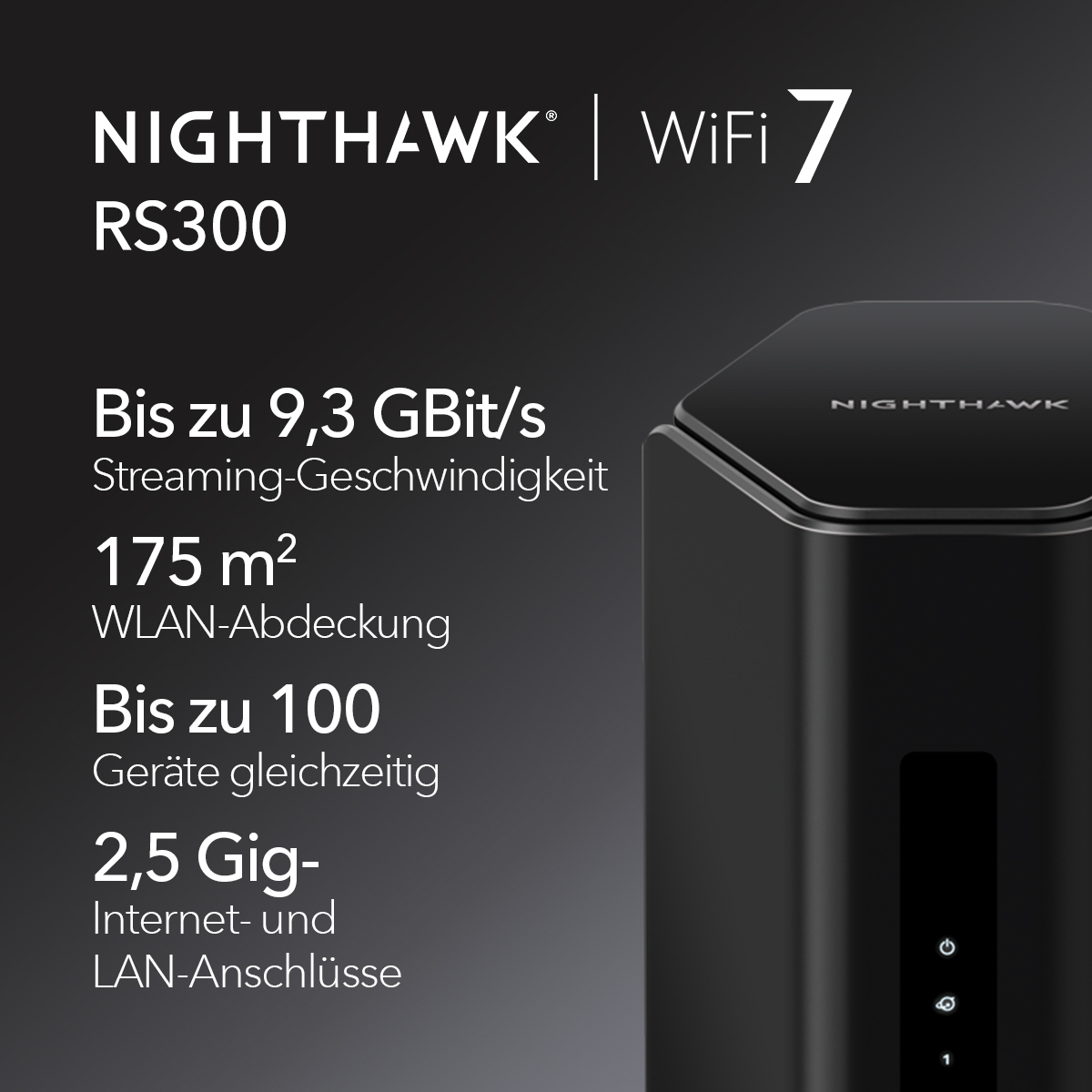 Schwarzer Nighthawk WiFi 7 Router mit Text, der Funktionen und eine Lichtanzeige beschreibt.