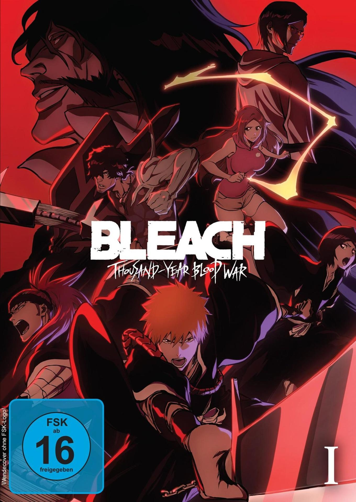 Bleach Anime DVD-Cover. Charaktere in Aktion auf rotem Hintergrund. Titel: Bleach: Thousand-Year Blood War.
