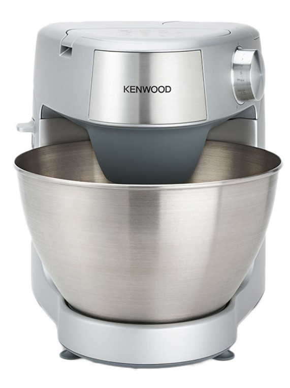 Srebrny mikser Kenwood z dużą misą ze stali nierdzewnej. Widoczne pokrętła.