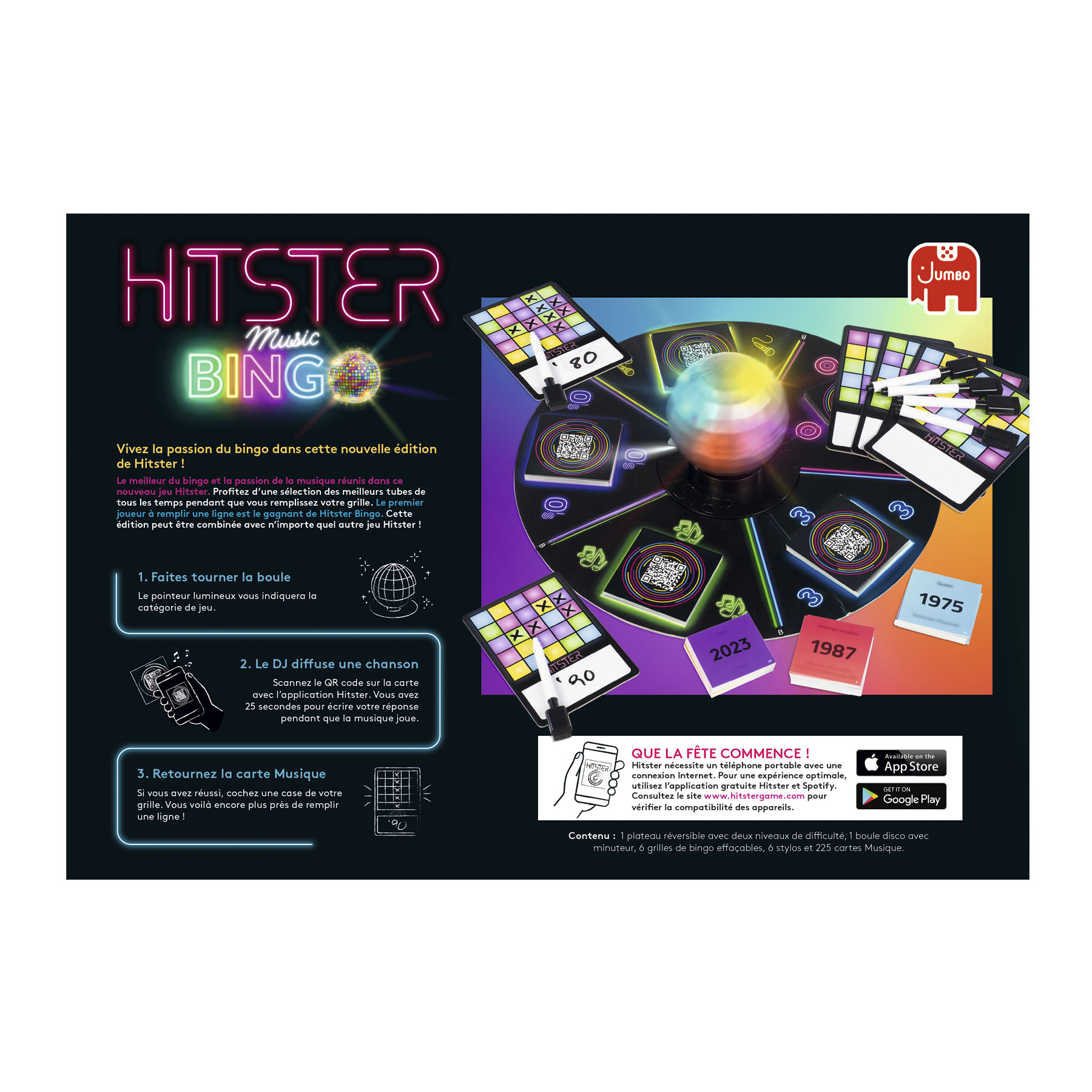 Boîte d'un jeu de société. Texte et instructions sur la boîte, une boule disco.