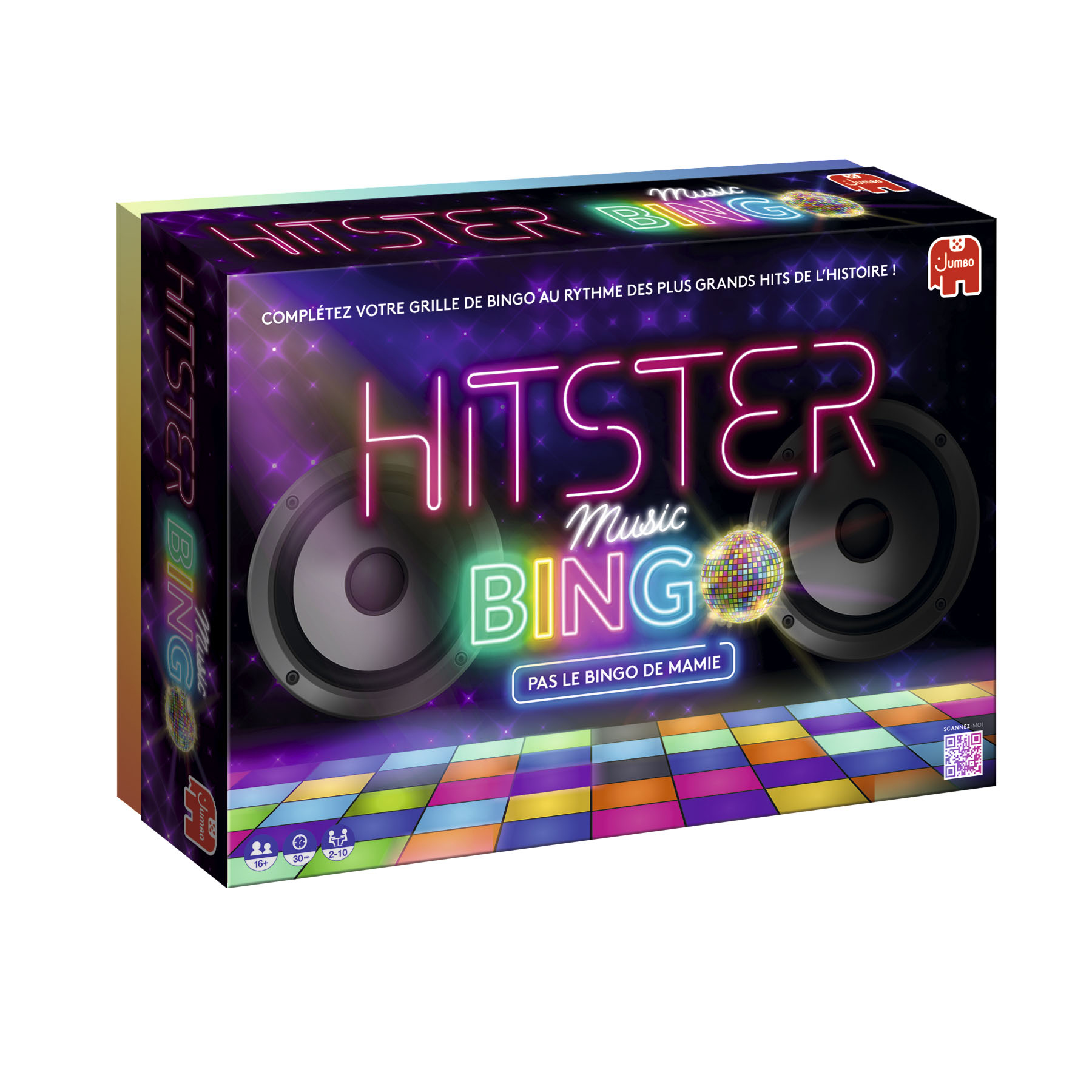 Boîte du jeu Hitster Music Bingo. La boîte est noire, violette et jaune. Haut-parleurs et boule disco.