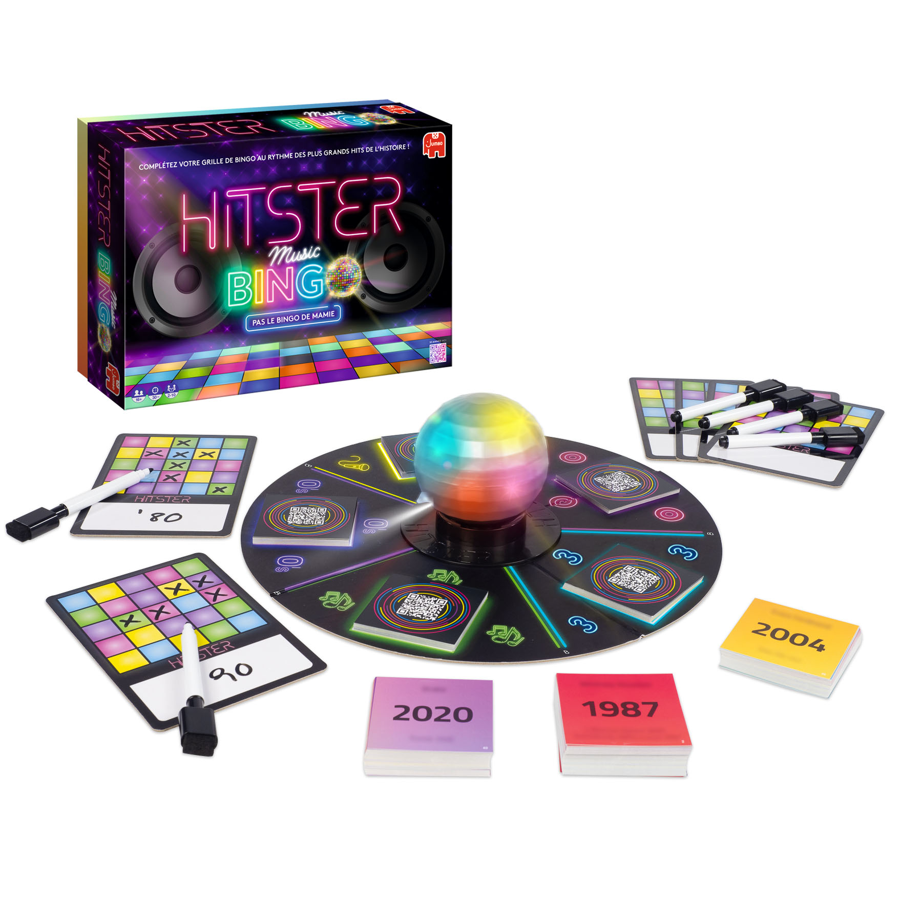 Boîte et composants du jeu Hitster Music Bingo. Cartes, toupie et cartons de bingo. Design coloré.
