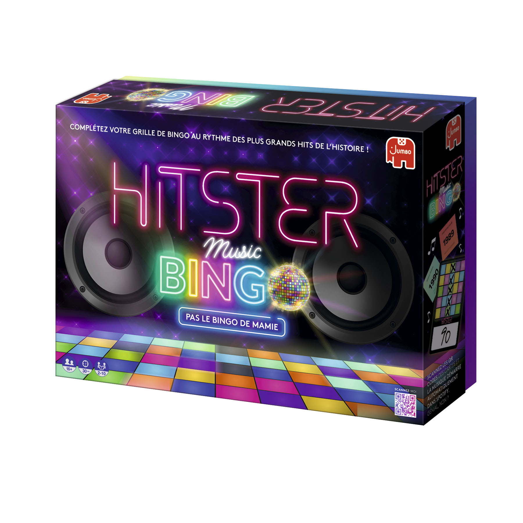 Boîte de jeu de bingo musical Hitster avec des haut-parleurs, boule disco et fond coloré.