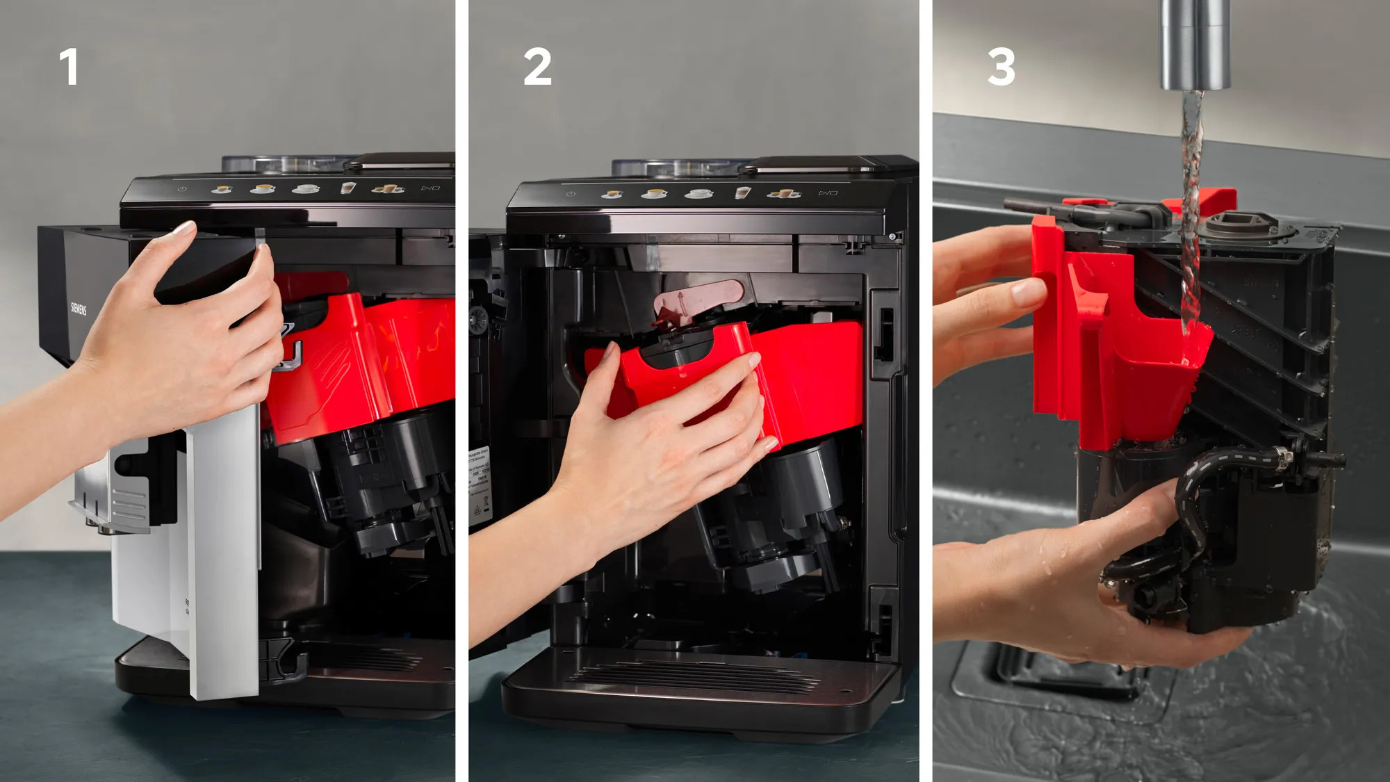 Trzy obrazy czyszczenia ekspresu do kawy.