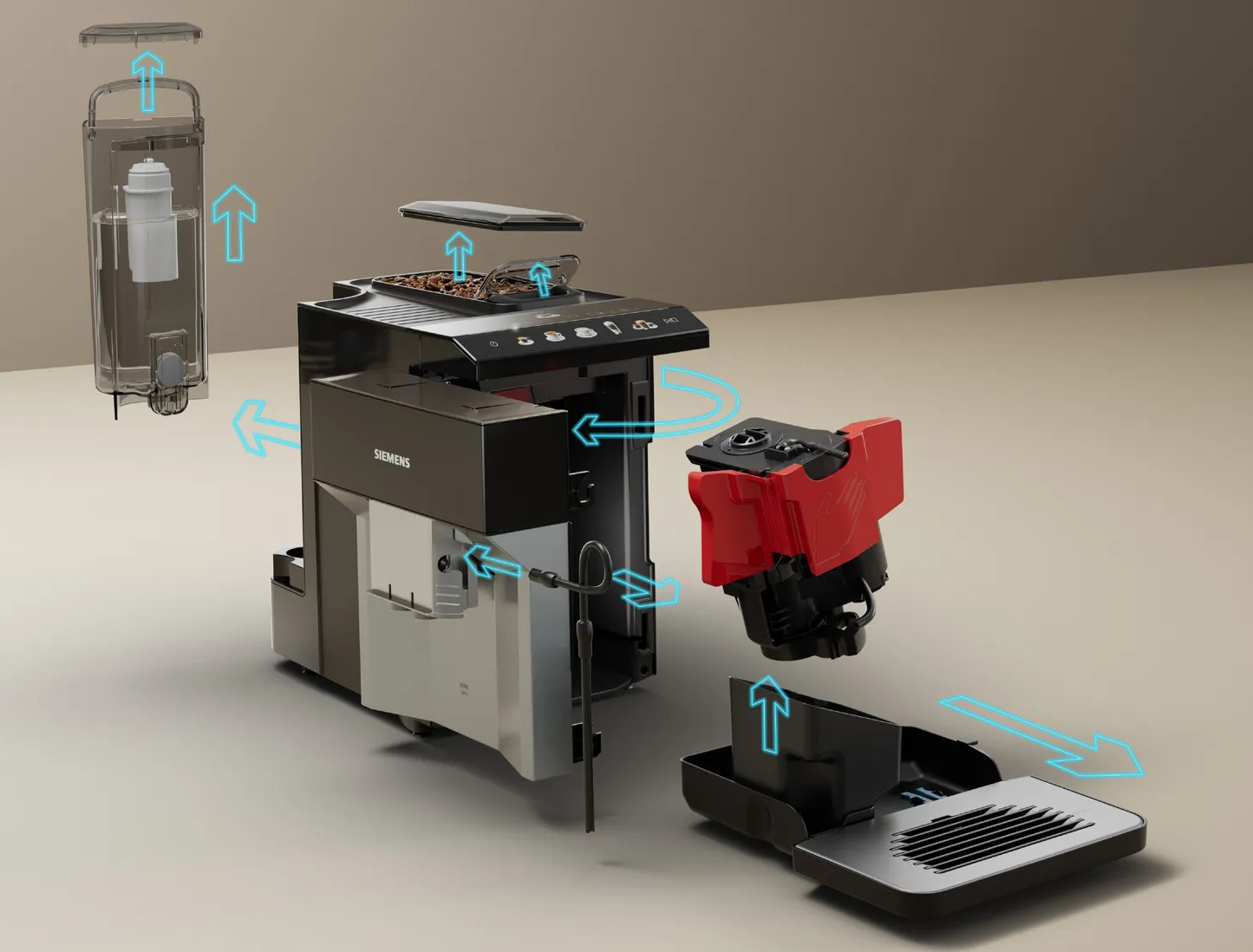 Widok rozstrzelony rozebranej ekspresu do kawy Siemens.