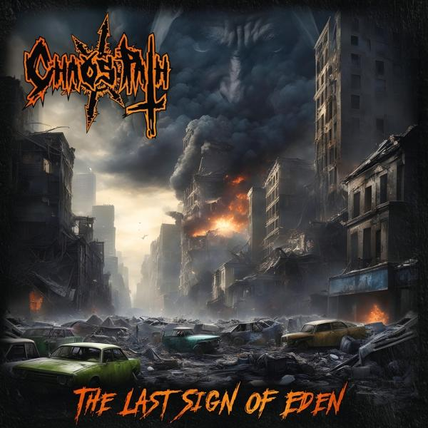 Albumcover einer zerstörten Stadt mit Flammen und einem dämonischen Gesicht am Himmel. Bandname CHAOSPATH.