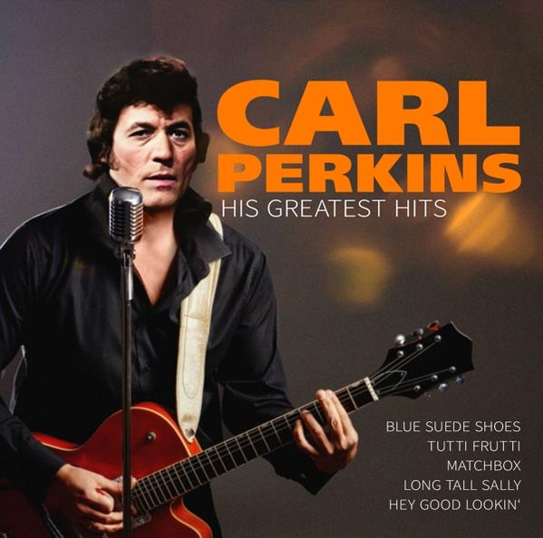 Carl Perkins Albumcover. Ein Mann in schwarzem Hemd mit roter Gitarre und Mikrofon.