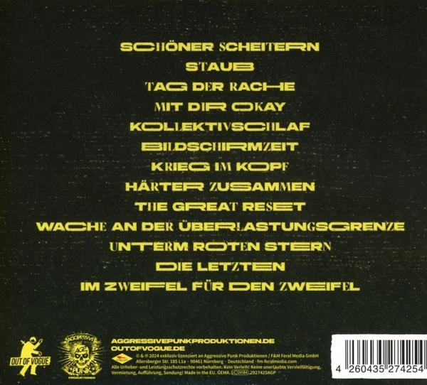 Album-Trackliste mit deutschen Titeln. Das Albumcover hat ein gelb-schwarzes Farbschema.