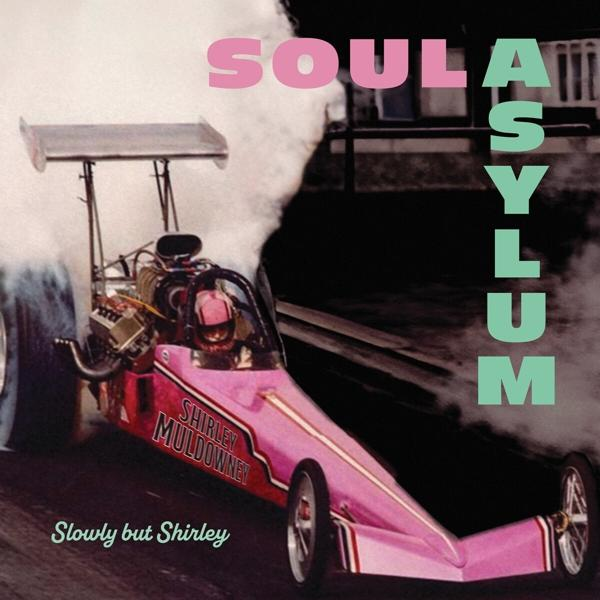 Albumcover: Dragster-Auto. Rosa und weißes Design. Schwarzer Hintergrund mit Text.