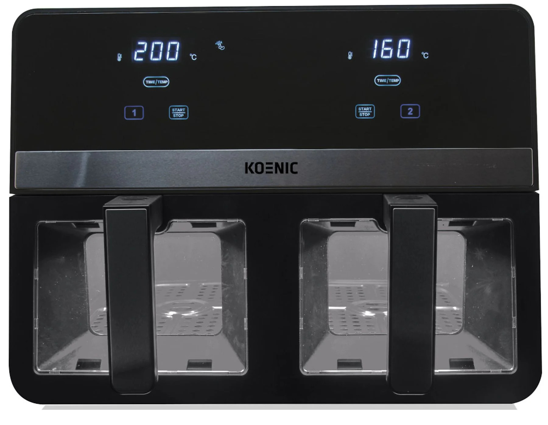 Czarna frytkownica Koenic z dwoma komorami i wyświetlaczem cyfrowym.