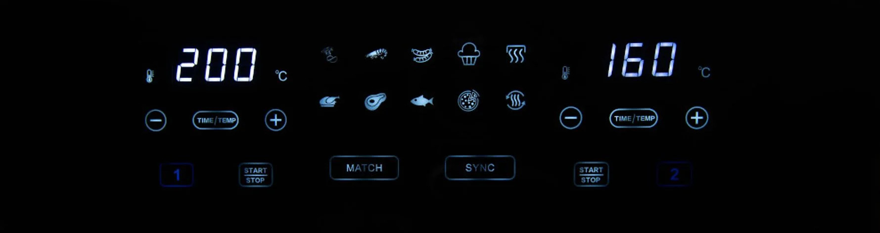 Cyfrowy wyświetlacz piekarnika, pokazujący temperatury, czas i funkcje gotowania na czarnym tle.