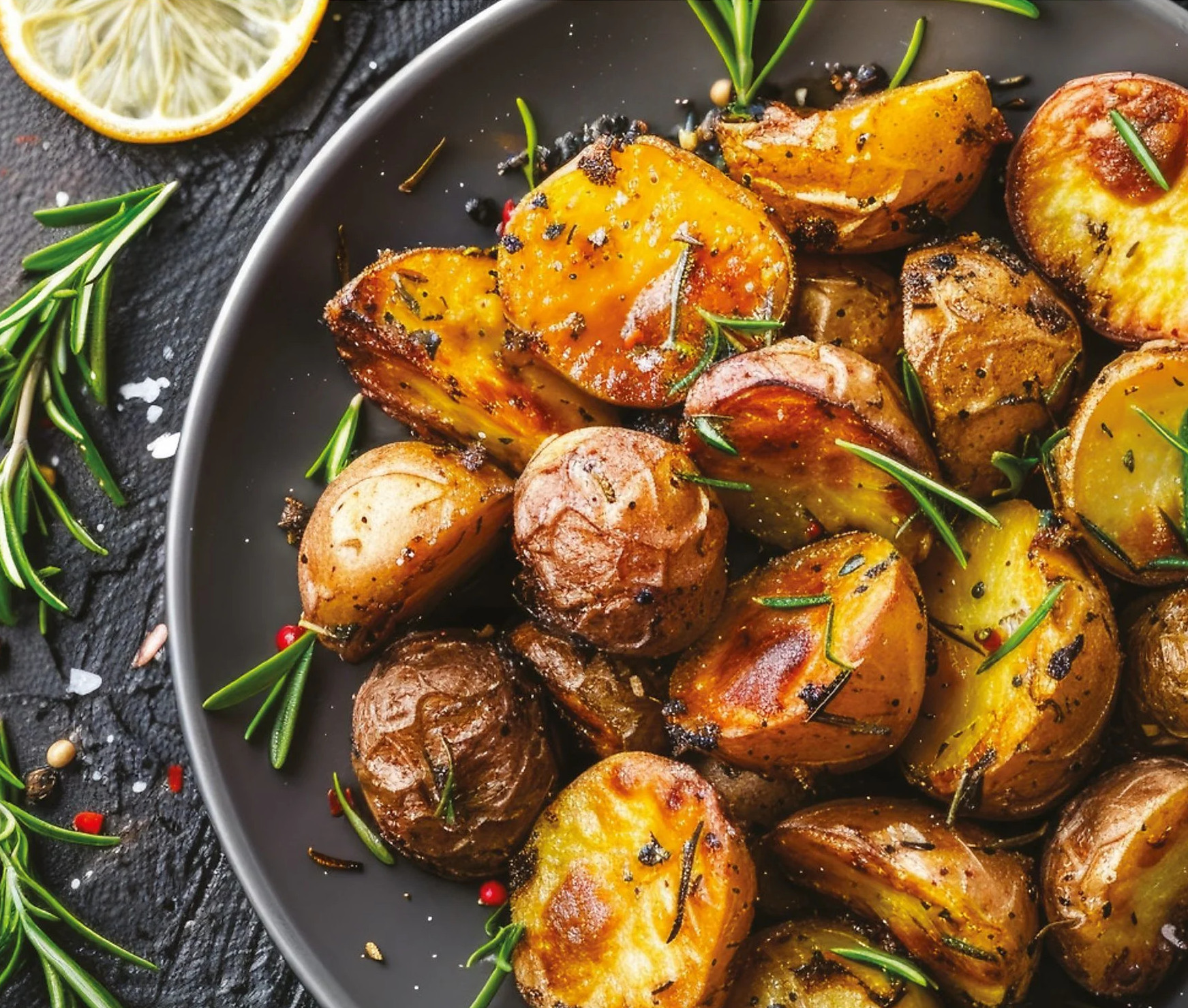 Pieczone ziemniaki na talerzu z rozmarynem i przyprawami, ciemny talerz na czarnej powierzchni.