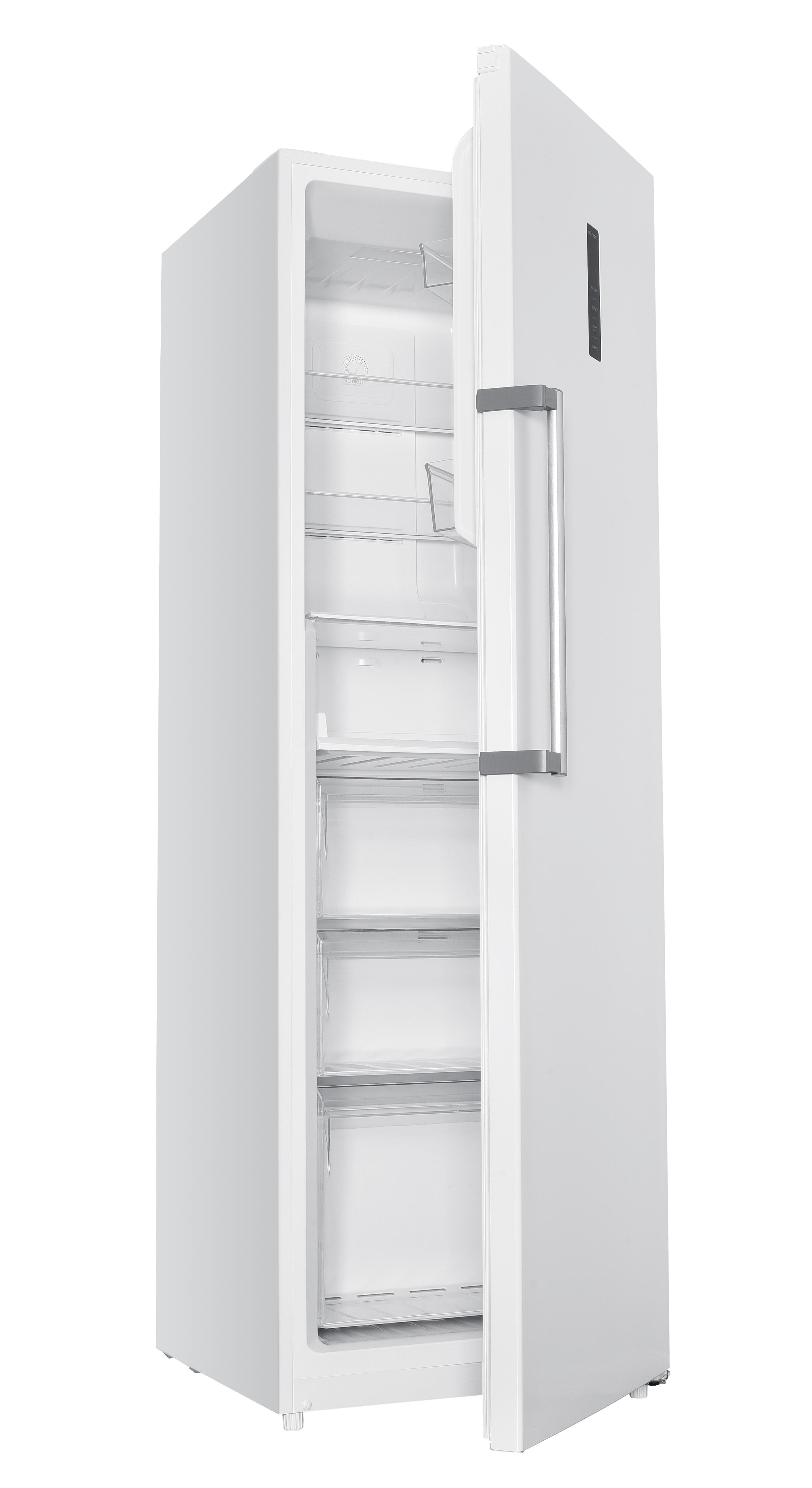 Ein weißer Kühlschrank mit geöffneter Tür, die Regale und Schubladen freigibt. Die Tür ist rechts.