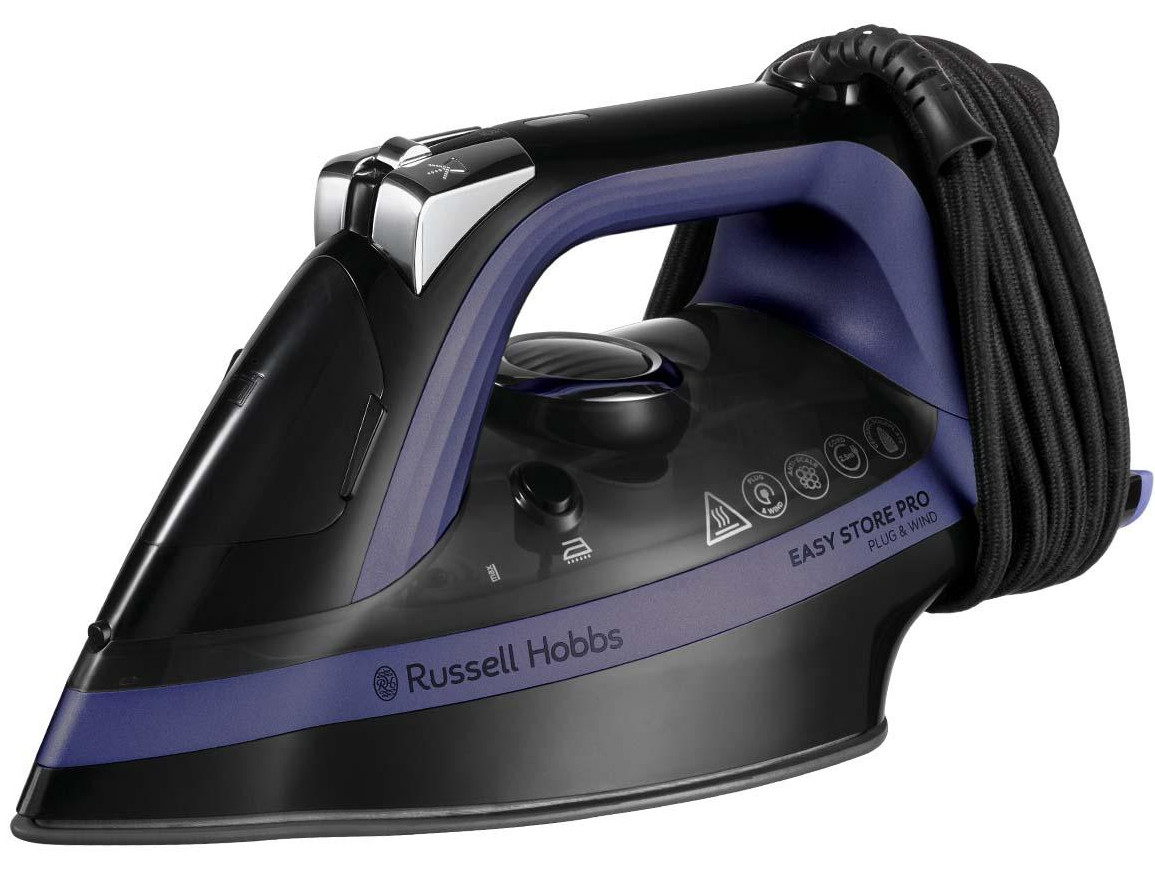 Czarne i fioletowe żelazko z kablem owiniętym wokół uchwytu. Żelazko ma różne wskaźniki symboli.