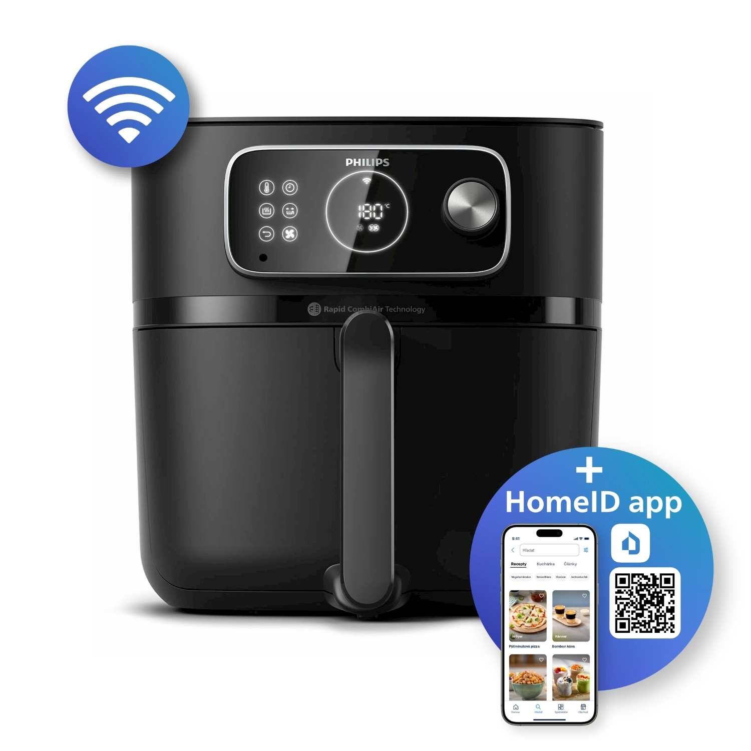 Friggitrice ad aria nera con manico. Icona wireless e telefono con app mostrati.