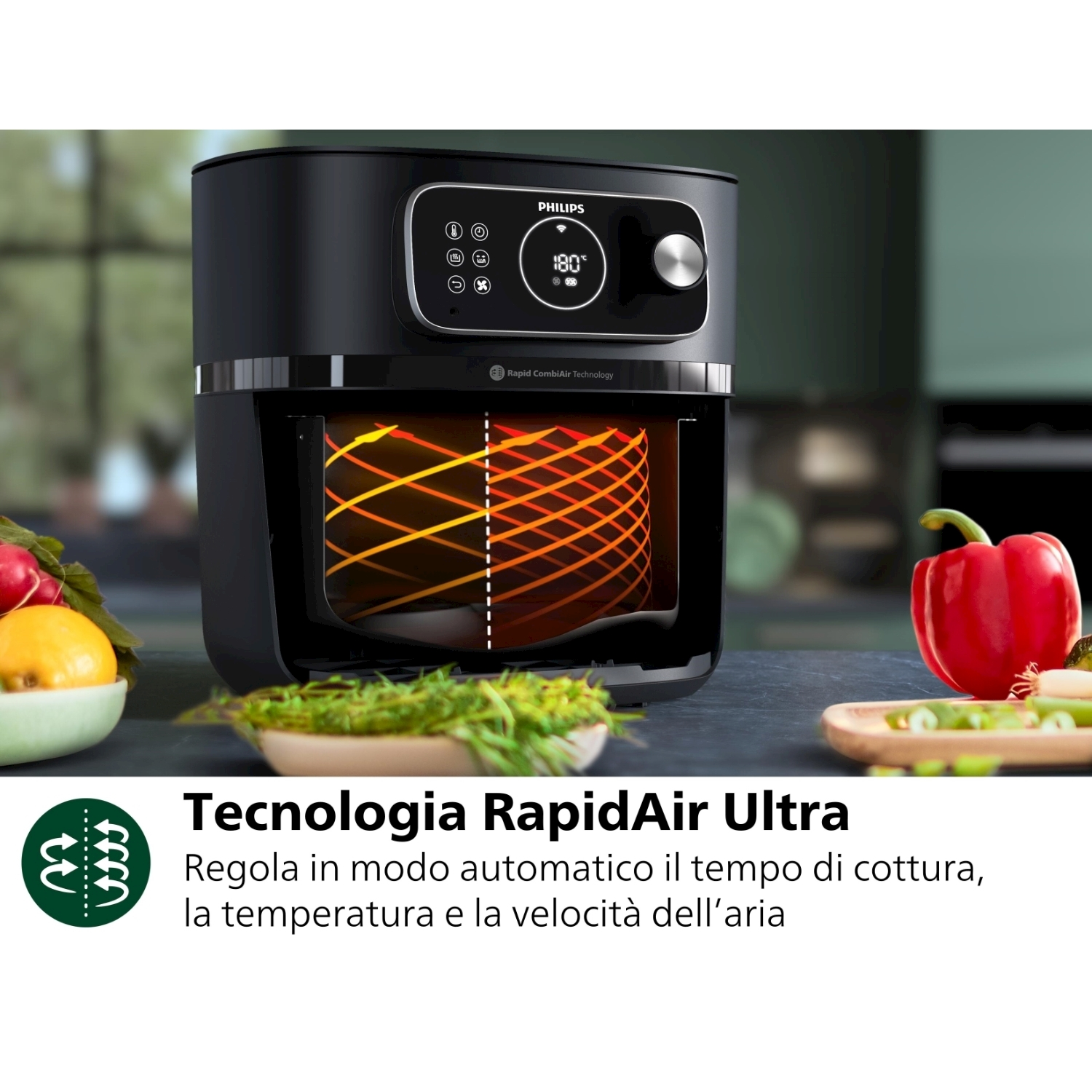 Friggitrice ad aria Philips nera con testo sulla tecnologia Rapid Air. Peperone rosso e limone a sinistra.