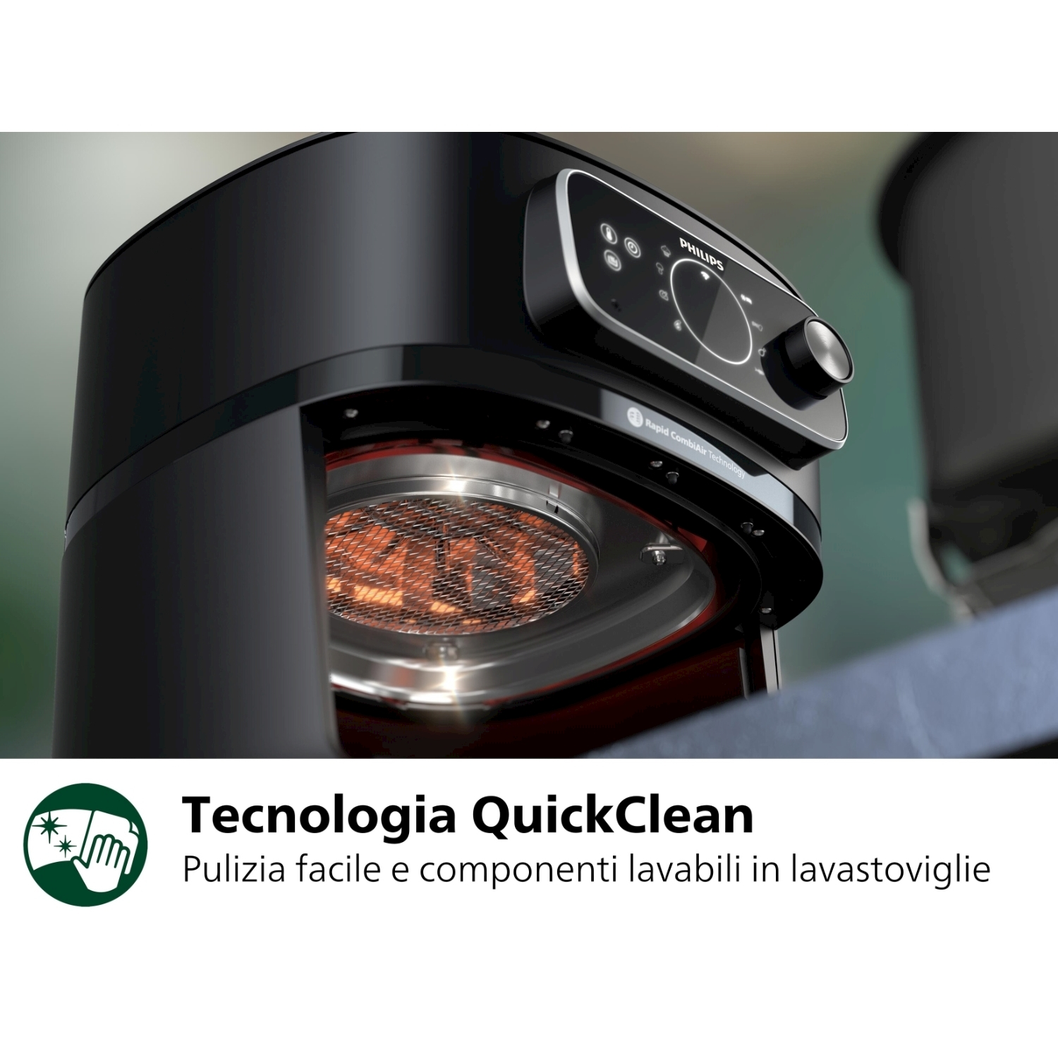 Friggitrice ad aria Philips nera, primo piano, con quadrante e logo QuickClean.