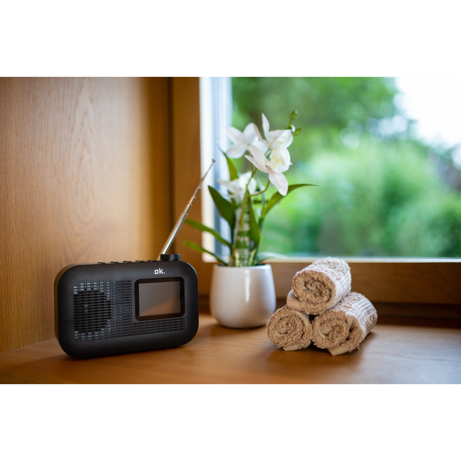 A black ak. radio on a wooden surface. A plant and rolled towels are in the background.