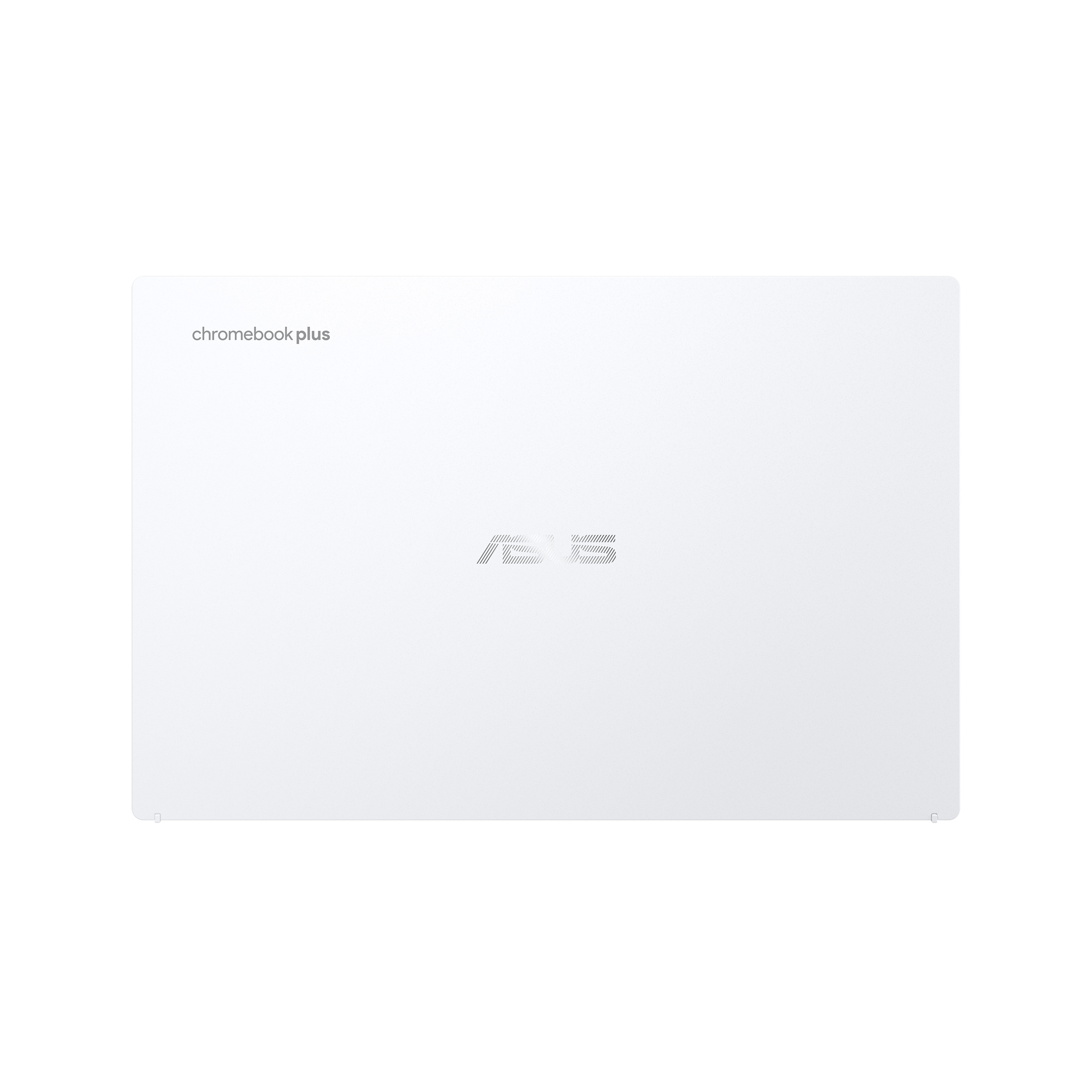 Un portátil Asus Chromebook Plus blanco. El logotipo de Asus está en la parte inferior. El fondo es blanco liso.