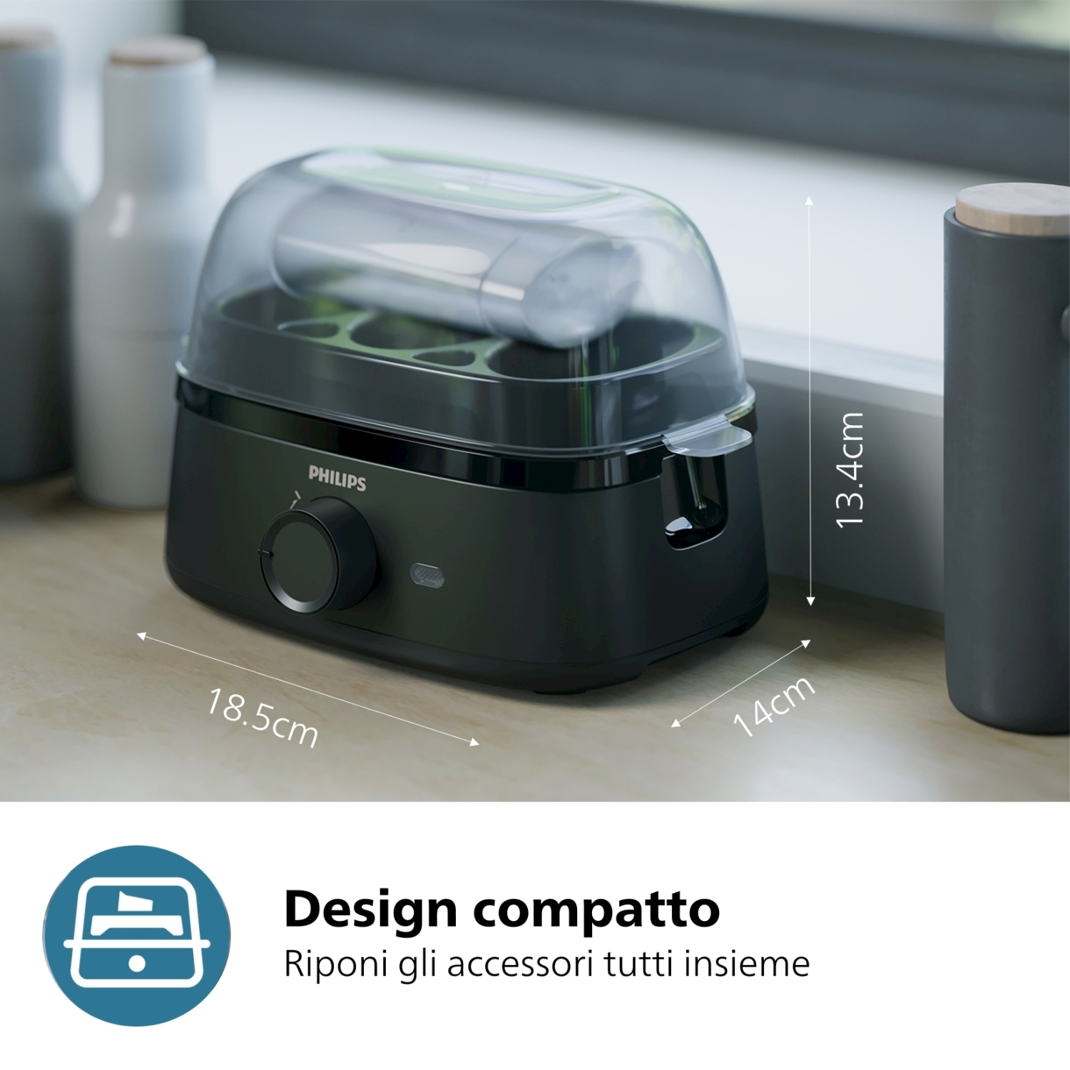 Sterilizzatore per biberon nero con coperchio trasparente, dimensioni e testo.
