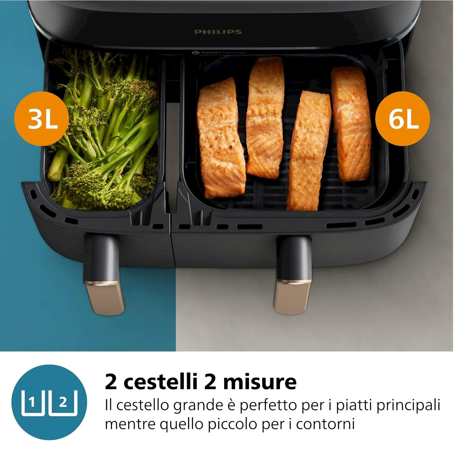 Friggitrice ad aria Philips con broccoli e salmone, etichettata 3L e 6L.
