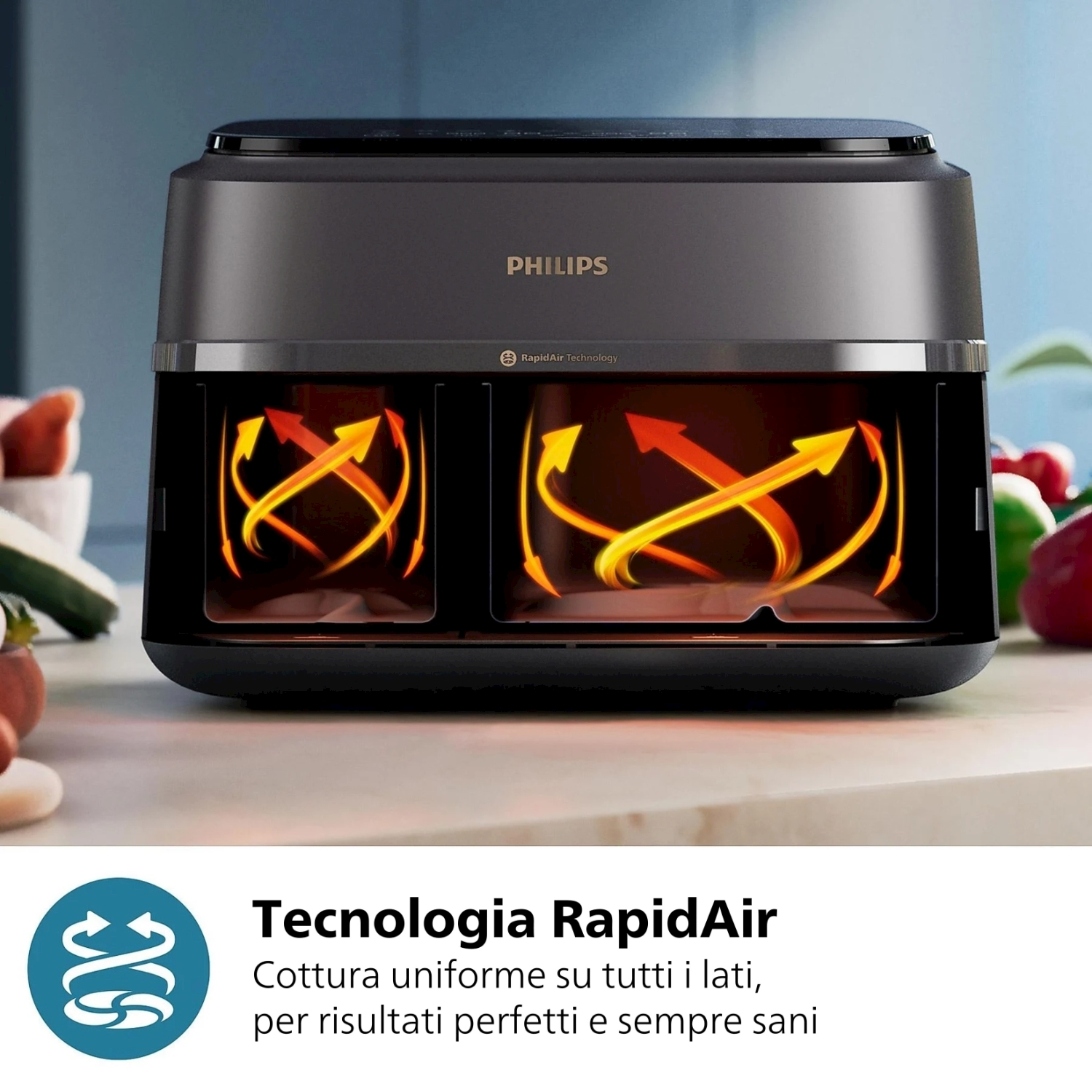 Friggitrice ad aria Philips nera con tecnologia Rapid Air, frecce mostrano la cottura.