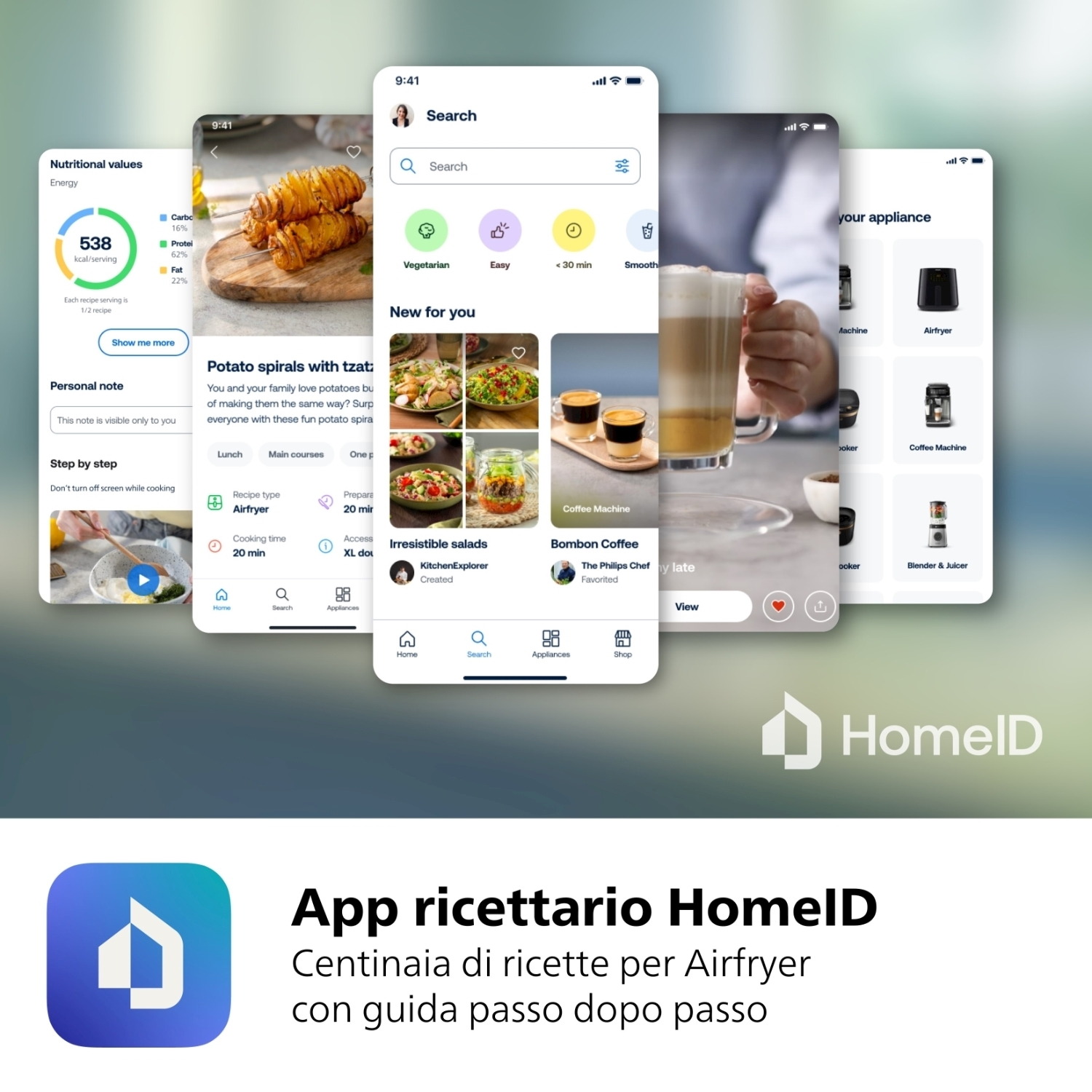 Schermi multipli di smartphone con ricette e un logo HomeID su sfondo.