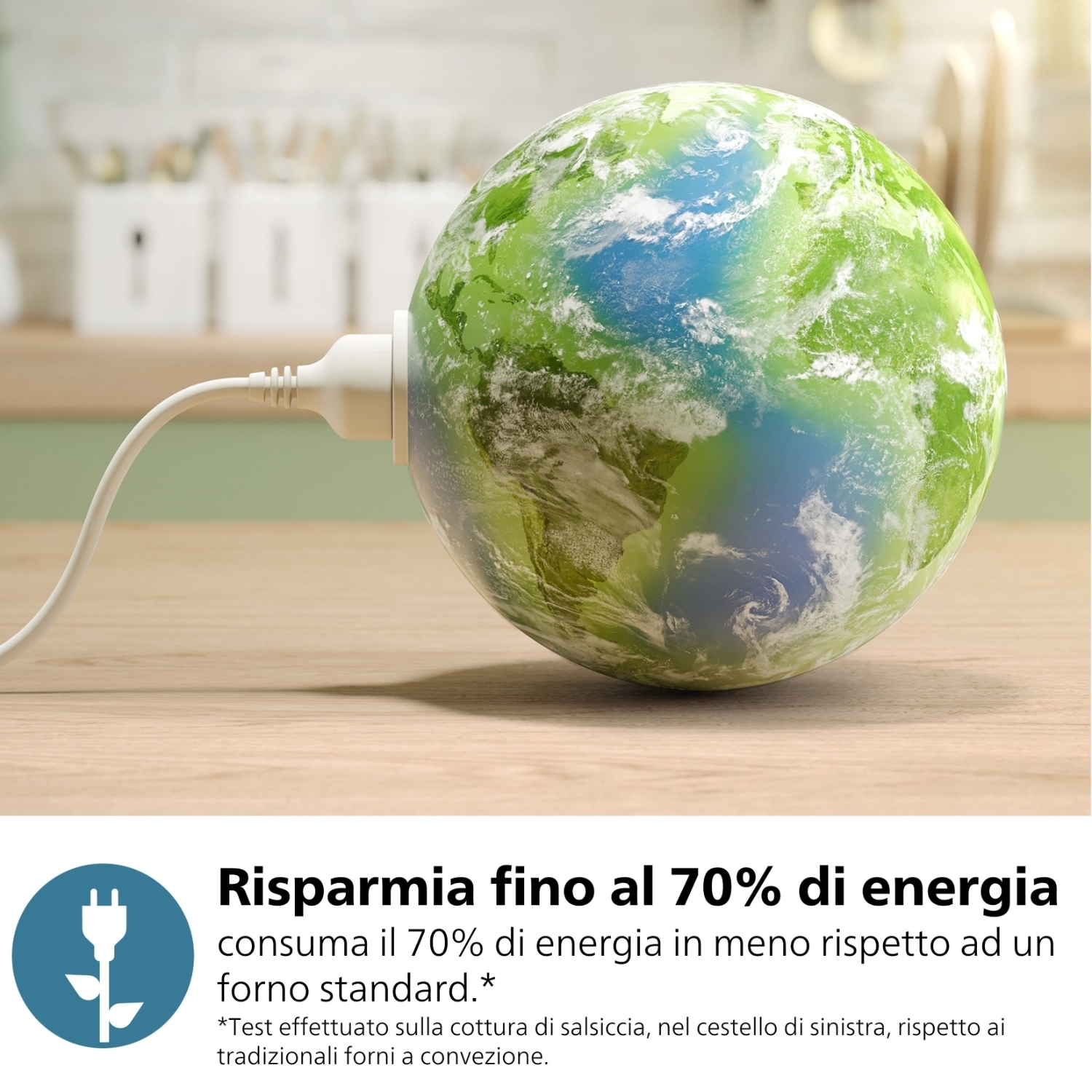 Una lampadina a forma di Terra è collegata a un tavolo di legno. Il testo dice che si risparmia fino al 70% di energia.