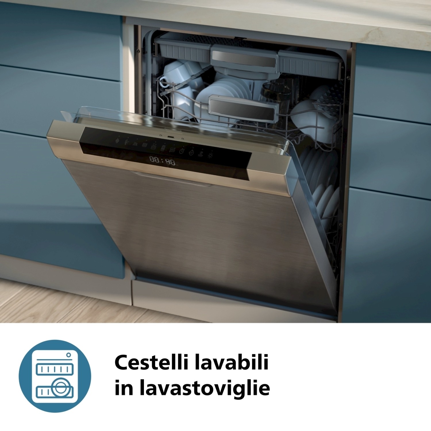 Una lavastoviglie in acciaio inossidabile con la porta aperta, che rivela i piatti all'interno. Armadietti blu.