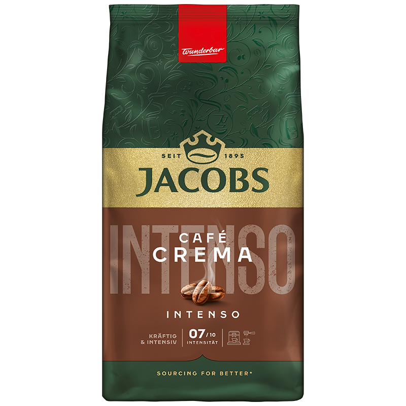 Kaffeepackung mit Jacobs Cafe Crema Intenso. Braune Tüte mit Kaffeebohnen und Text.