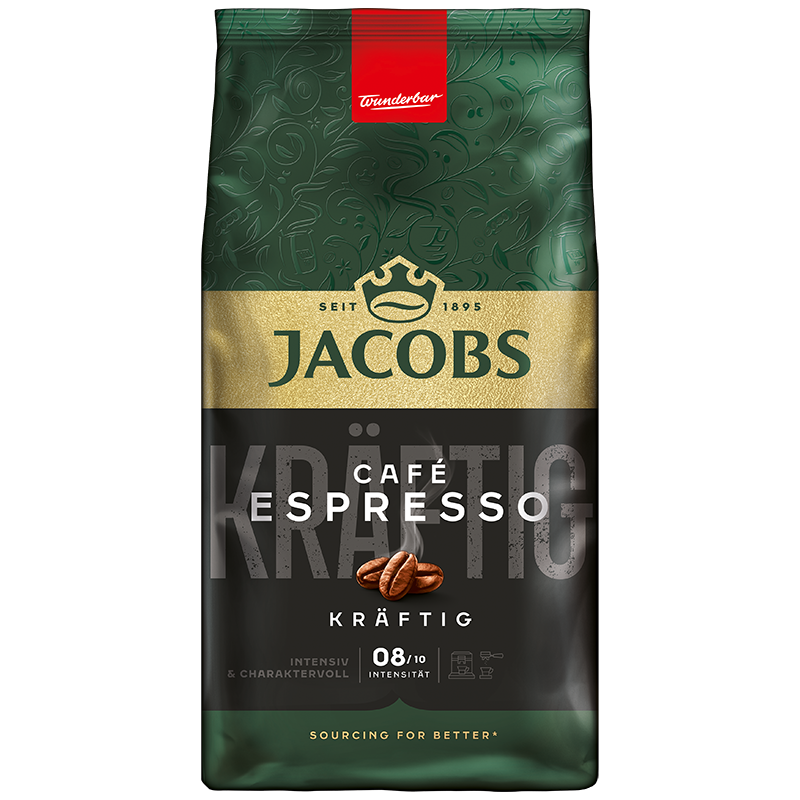 Kaffeetüte mit Jacobs Café Espresso, Kaffeebohnen und Text.