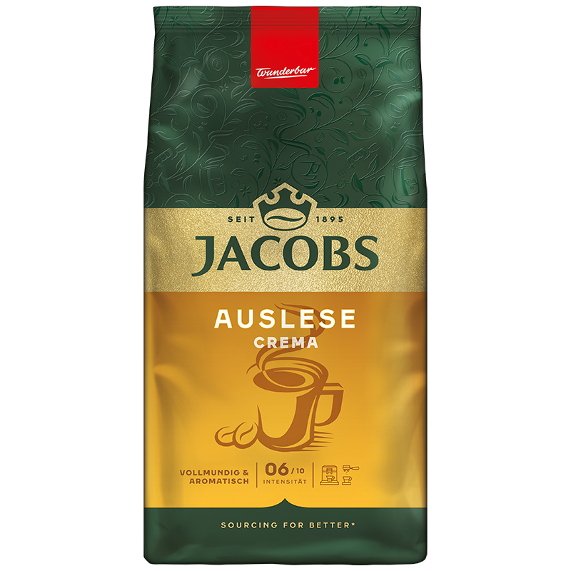 Jacobs Kaffeetüte. Grüner Deckel, goldene Mitte mit Kaffeetassen-Illustration und dunkelgrüner Boden.