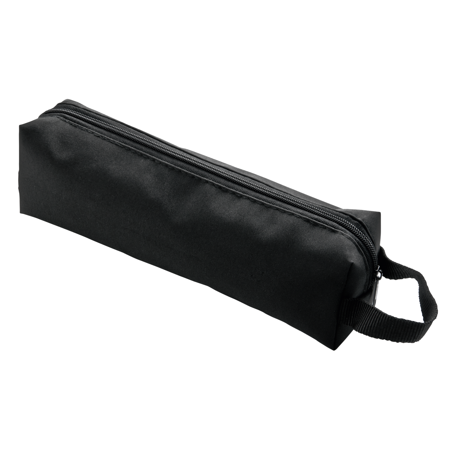 Black pencil case with a zipper and a small loop. It's set against a black background.