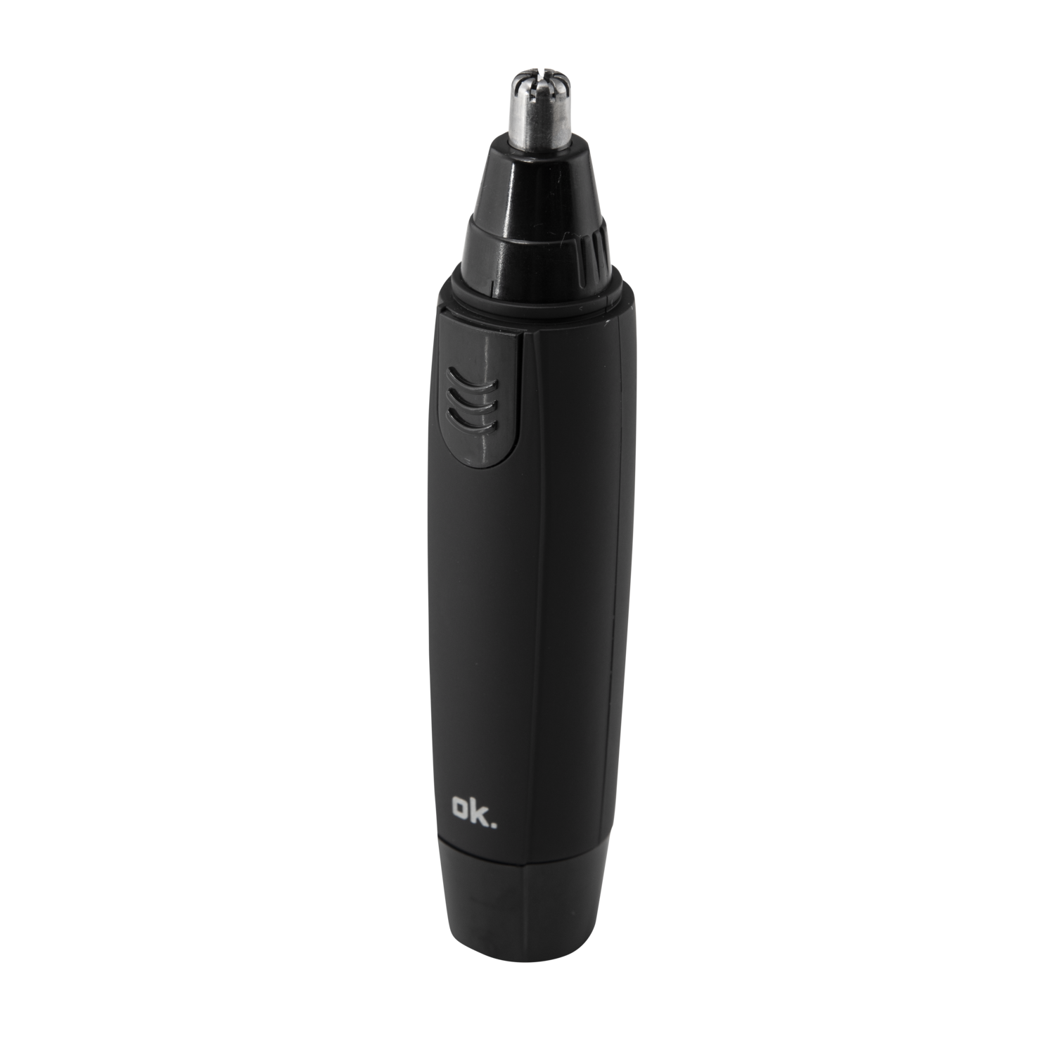 Zwarte neushaartrimmer, schuine opname, zwarte achtergrond. Close-up.