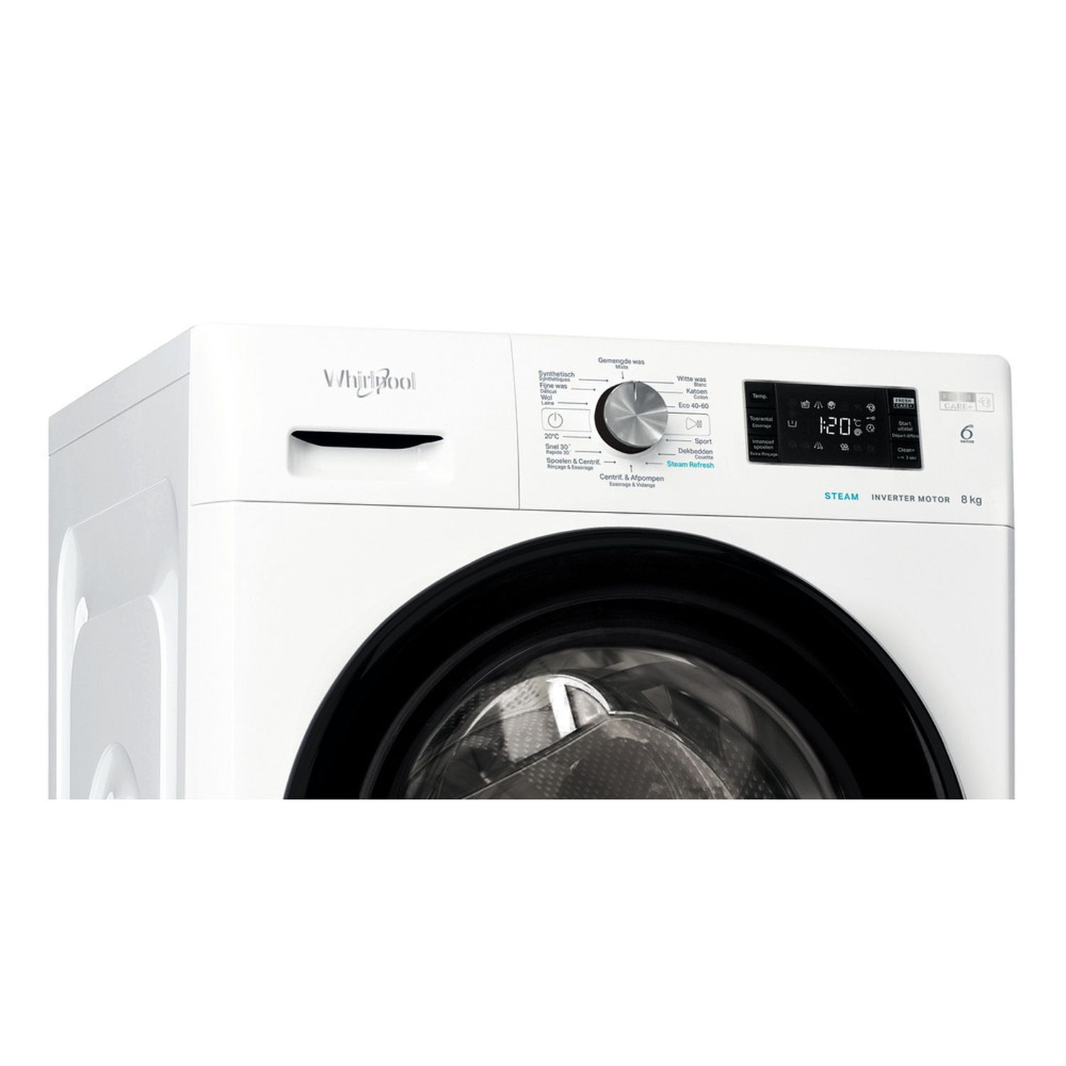 Een witte Whirlpool wasmachine met een zwarte deur en digitaal display.