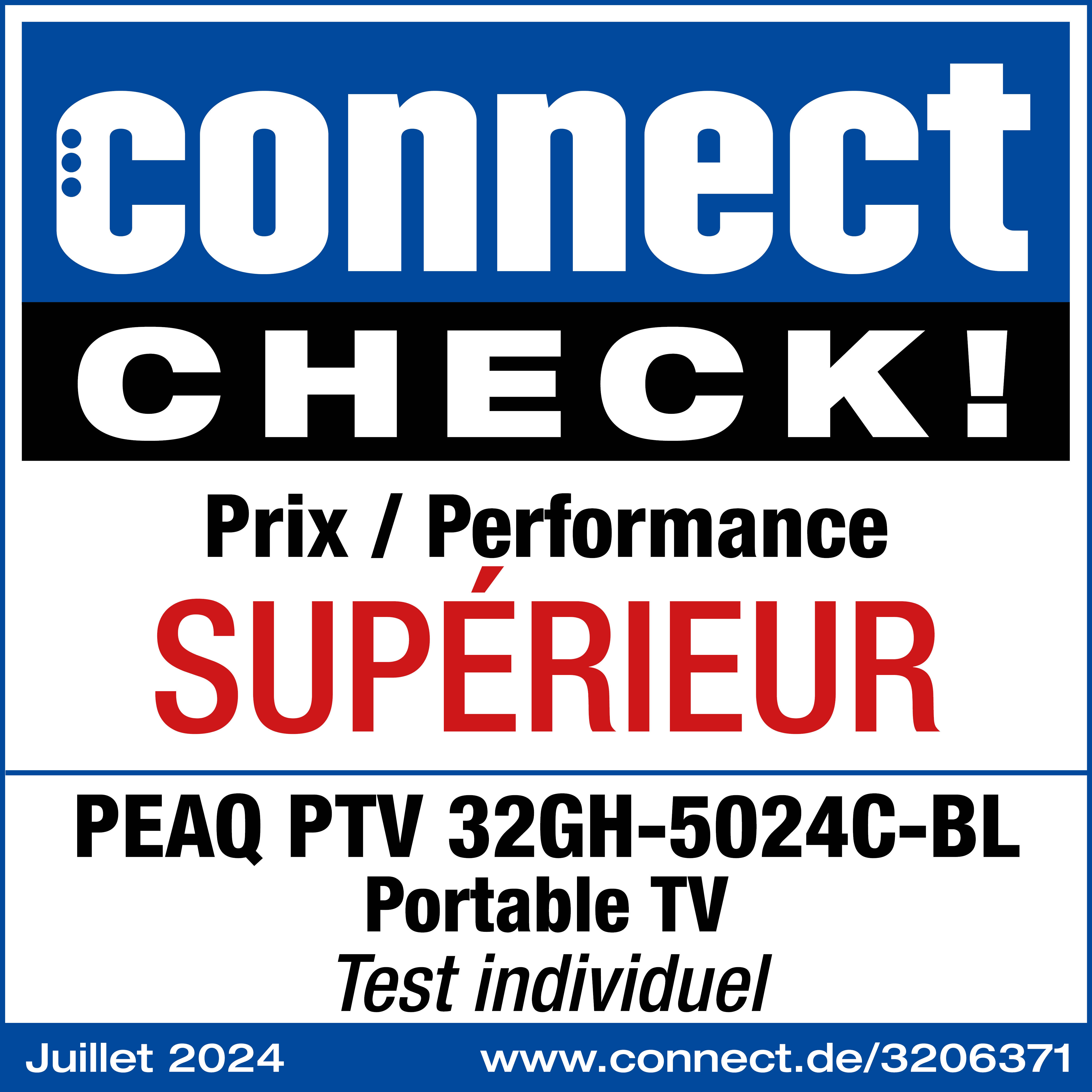 Connect Check!-Text und Prix/Performance Supérieur mit tragbarer TV-Grafik auf blauem Hintergrund.